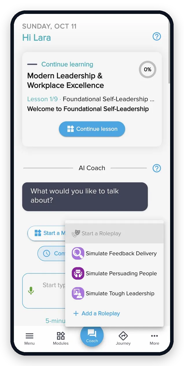 Rocky.ai AI roleplay: rehearsing a feedback conversation with an AI team member, then Mentor feedback