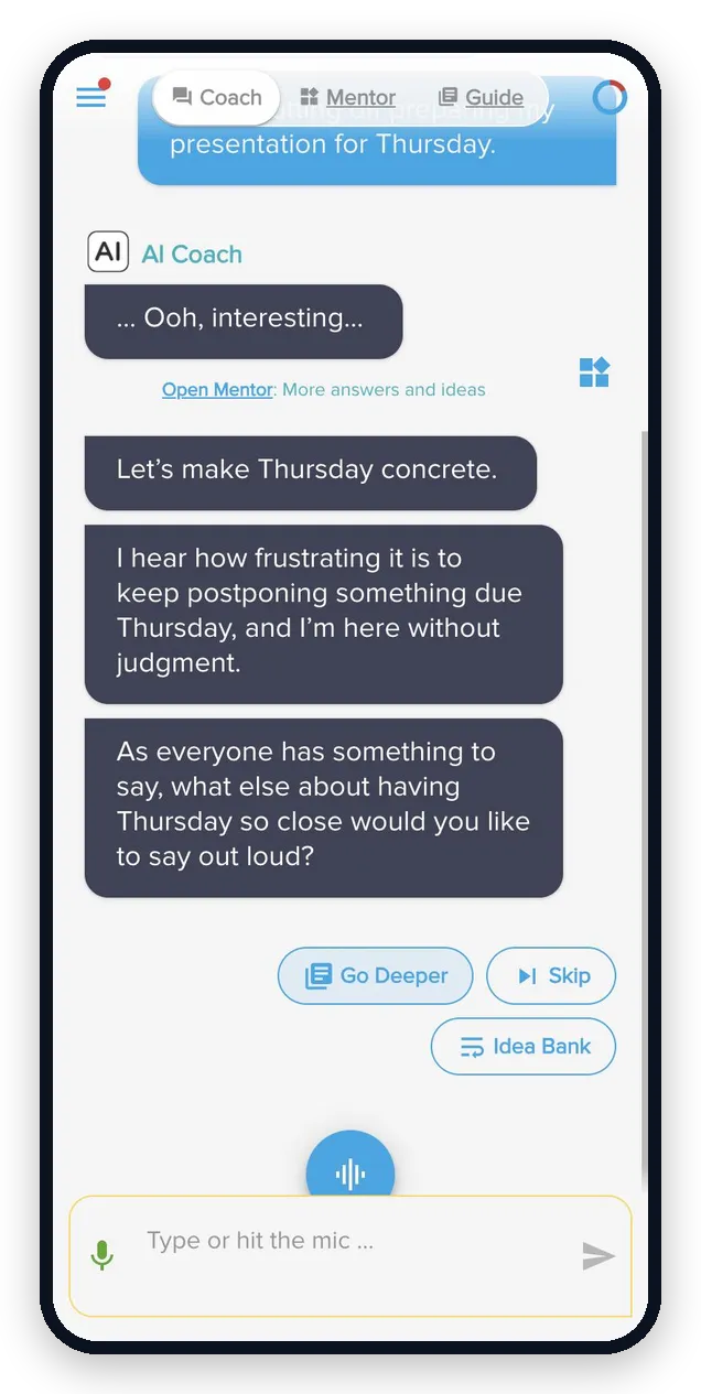 One AI coaching conversation switching between Coach, Mentor and Guide modes