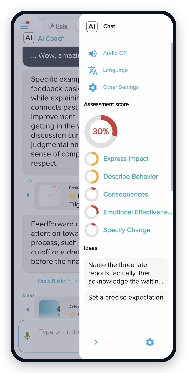AI roleplay with an avatar, chat and a live assessment score rising from 30% to 70%