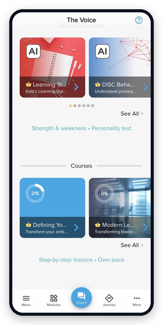 Rocky.ai content discovery: programs, course library, discoveries feed and a lesson