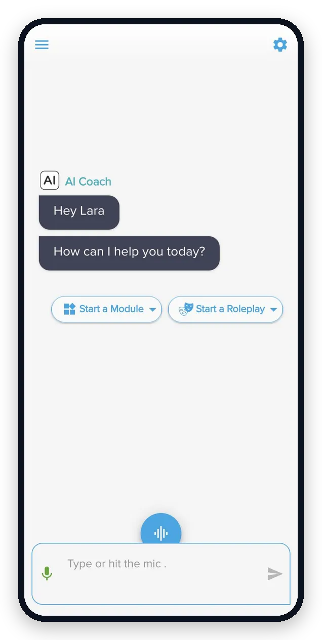 AI coach chat: a user describes a problem and the coach replies with a focused coaching question