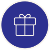 A navy circle with a gift package icon