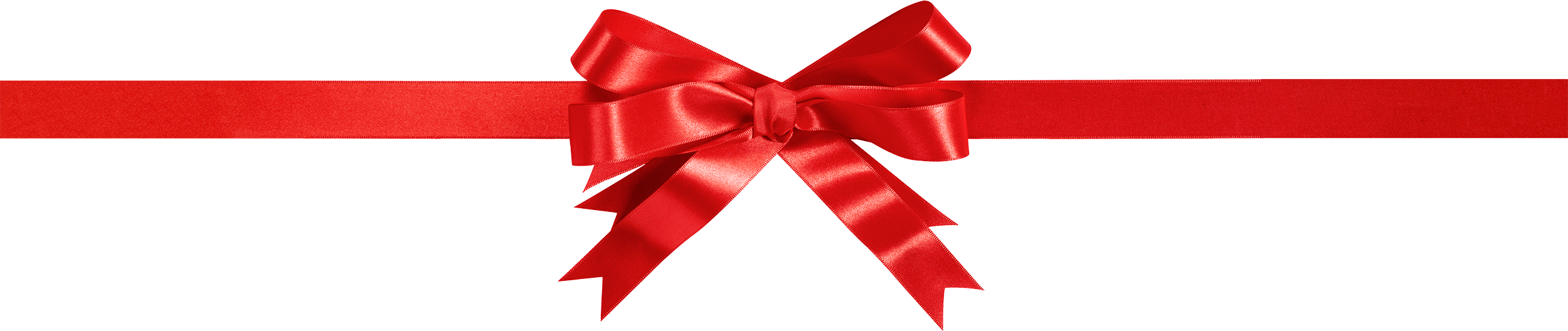 Shiny red satin ribbon tied into a decorative bow with trailing tails.