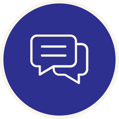 A navy circle with question bubbles