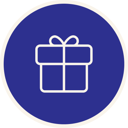 A navy circle with a gift package icon