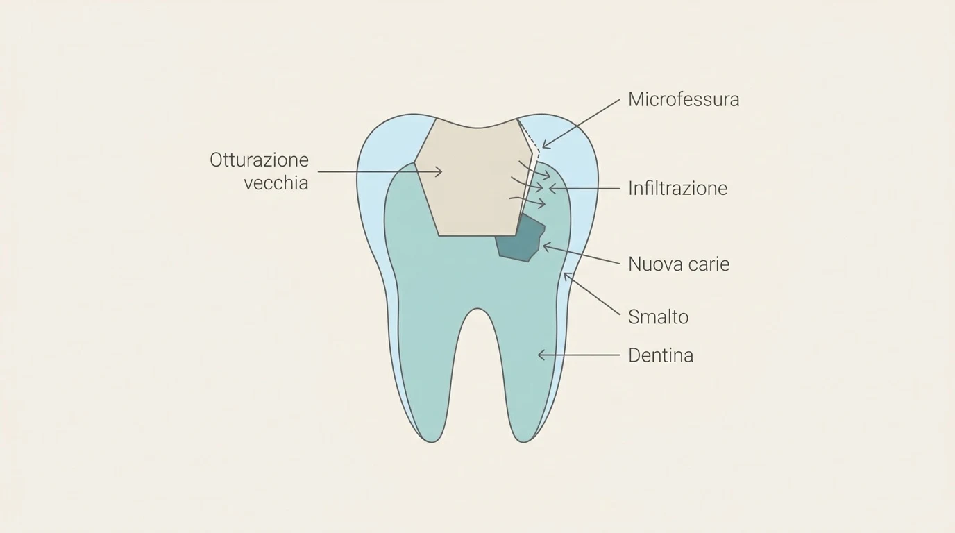 Schema anatomico di un dente con una vecchia otturazione che mostra l'infiltrazione di batteri attraverso una microfessura.