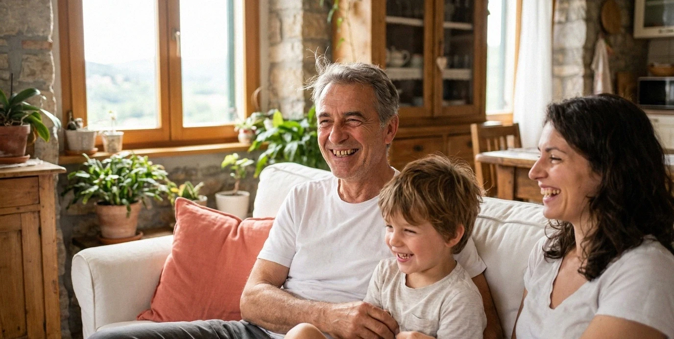 Un nonno felice sorride con la sua famiglia in un luminoso soggiorno, mostrando la sicurezza di un sorriso sano e duraturo.