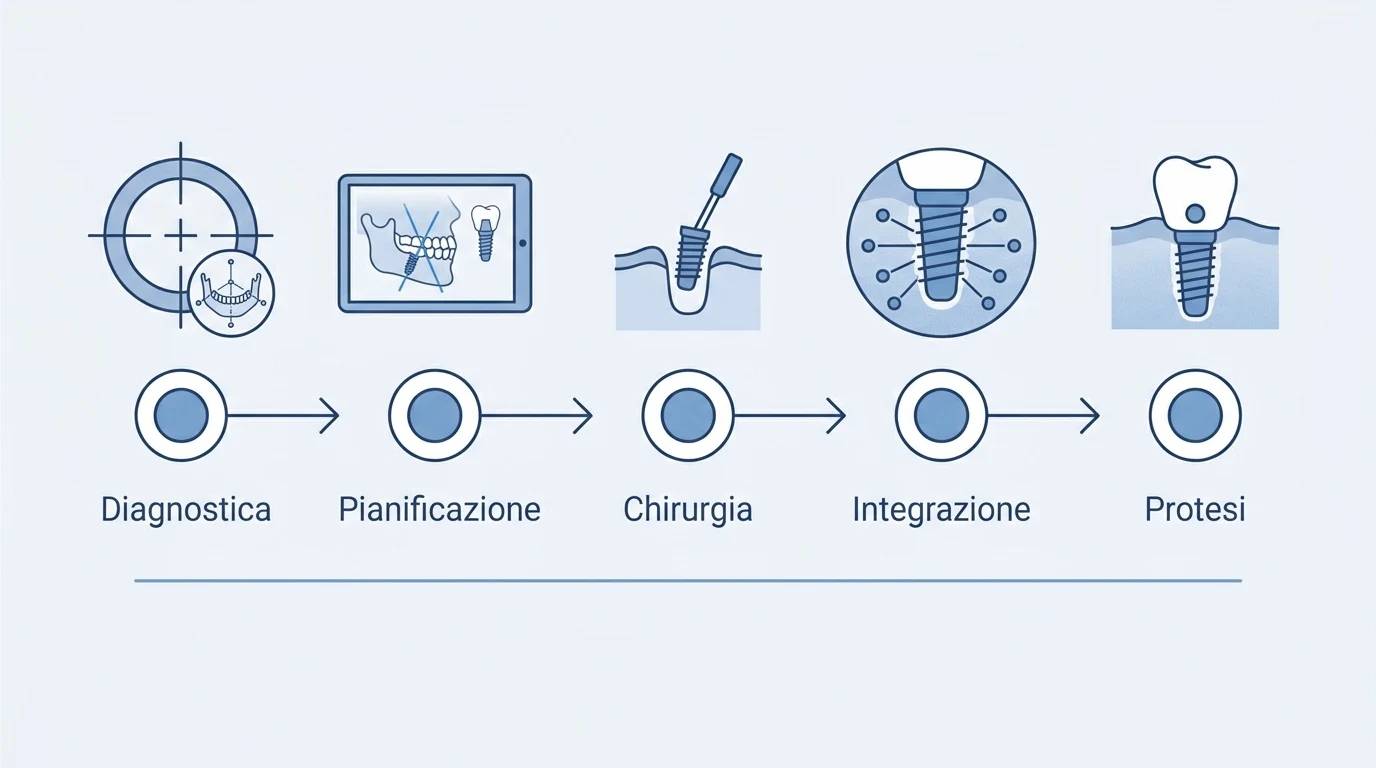 Diagramma a blocchi che illustra le cinque fasi del percorso terapeutico per l'inserimento di un impianto dentale.