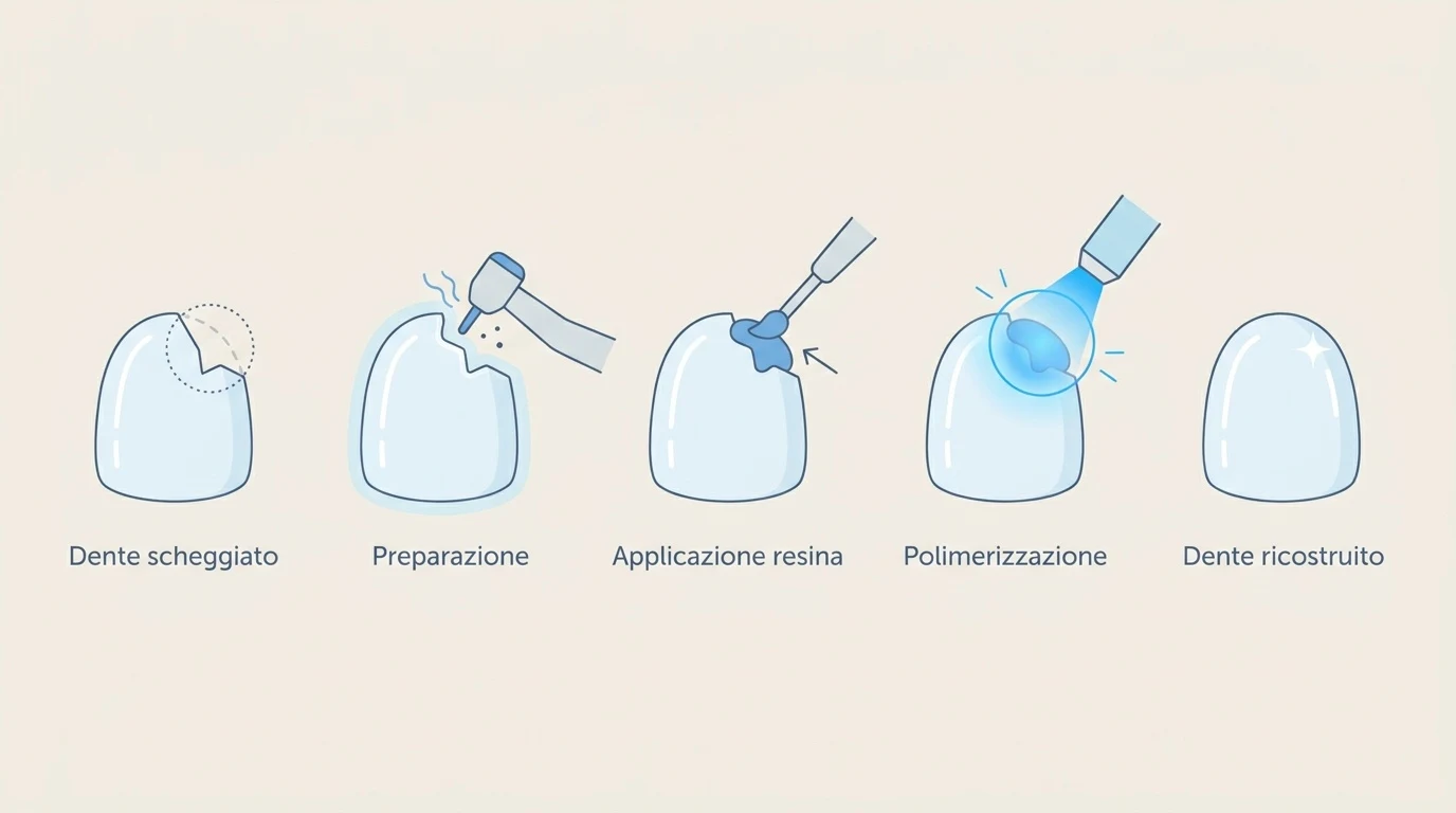 Diagramma che mostra le fasi di ricostruzione di un dente scheggiato tramite l'applicazione di resina composita.