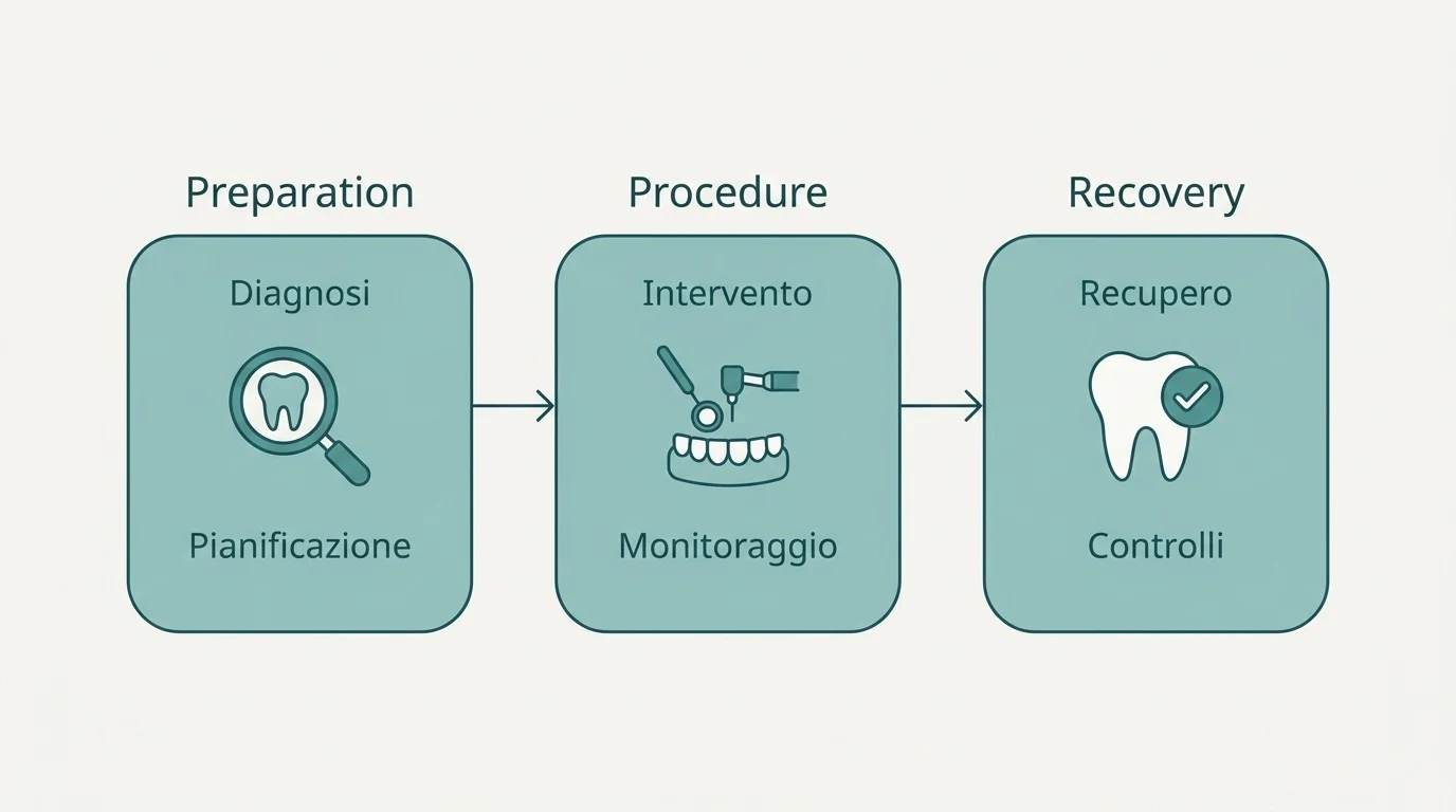 Schema a blocchi che illustra le fasi del percorso odontoiatrico: dalla diagnosi iniziale all'intervento e ai controlli successivi.