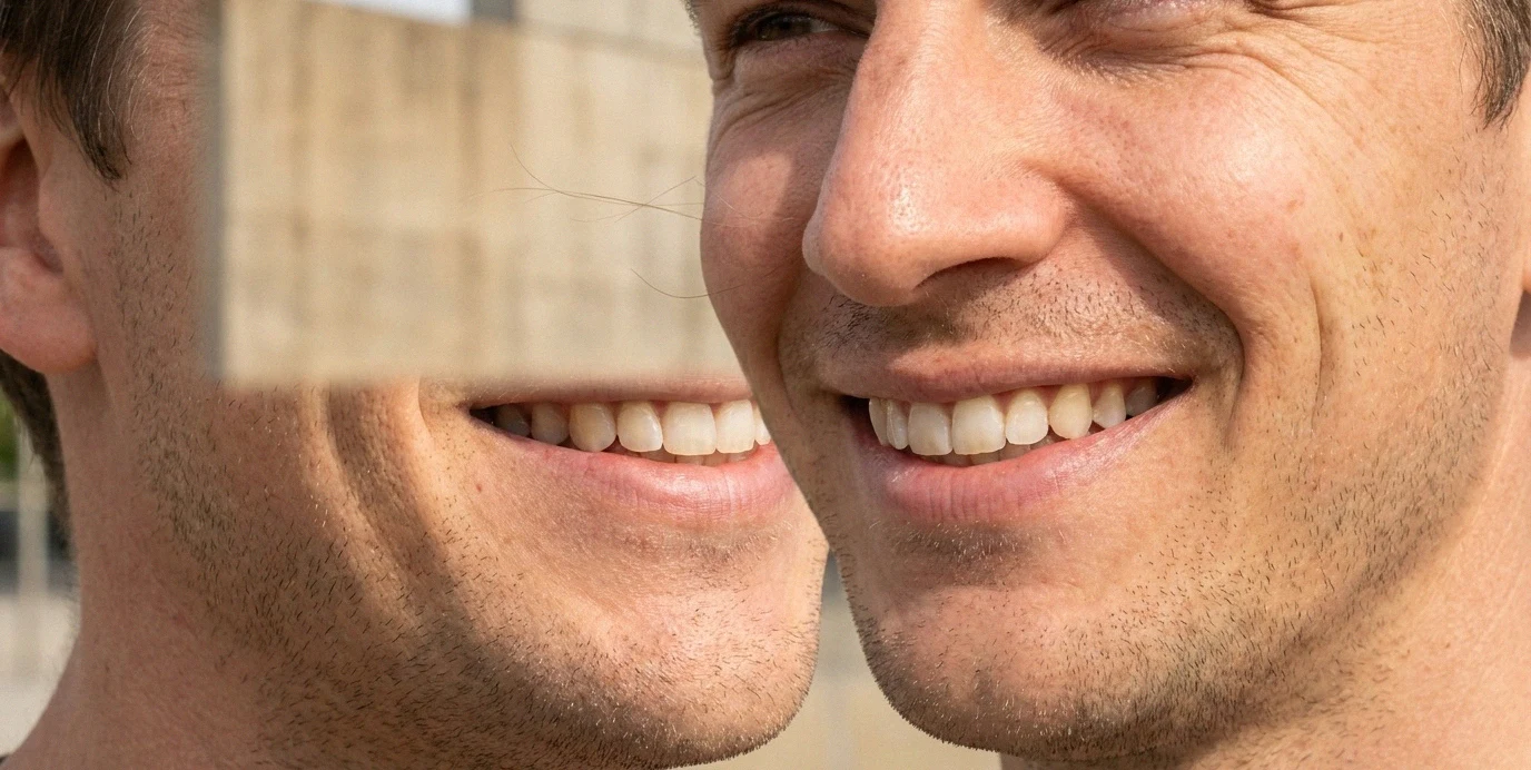 Un sorriso sano e naturale di un uomo all'aperto, simbolo di cure dentali complesse risolte senza stress.