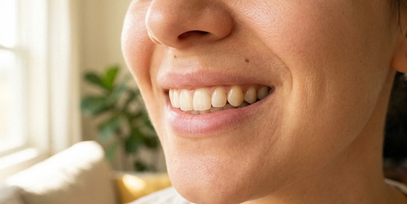 Primo piano di un sorriso sano e naturale, con denti curati grazie a un'otturazione estetica tempestiva.