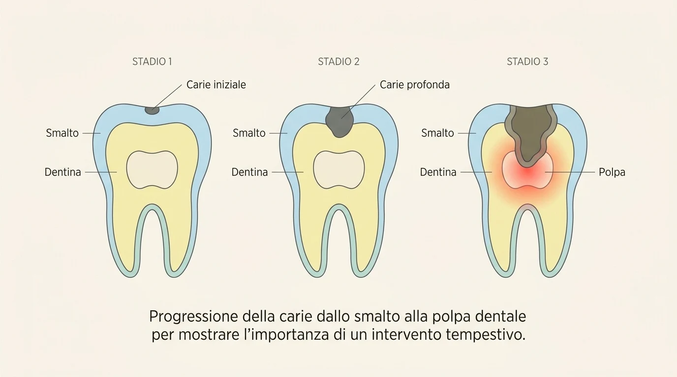 Schema medico che mostra la progressione della carie dal dente sano allo smalto, fino alla dentina e alla polpa dentale.