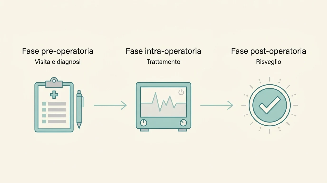 Schema a tre fasi del percorso terapeutico dal dentista: preparazione, intervento con monitoraggio e recupero post-operatorio.