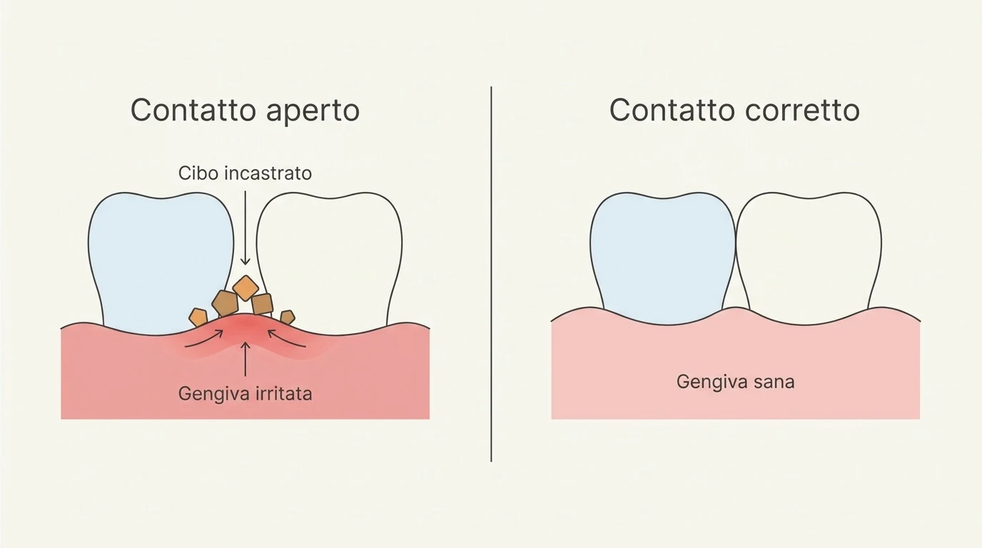 Schema che mostra la differenza tra un punto di contatto aperto che accumula cibo e un contatto corretto che protegge la gengiva.