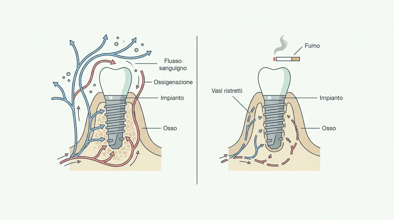 Diagramma schematico che mostra l'effetto del fumo sull'osteointegrazione di un impianto dentale.