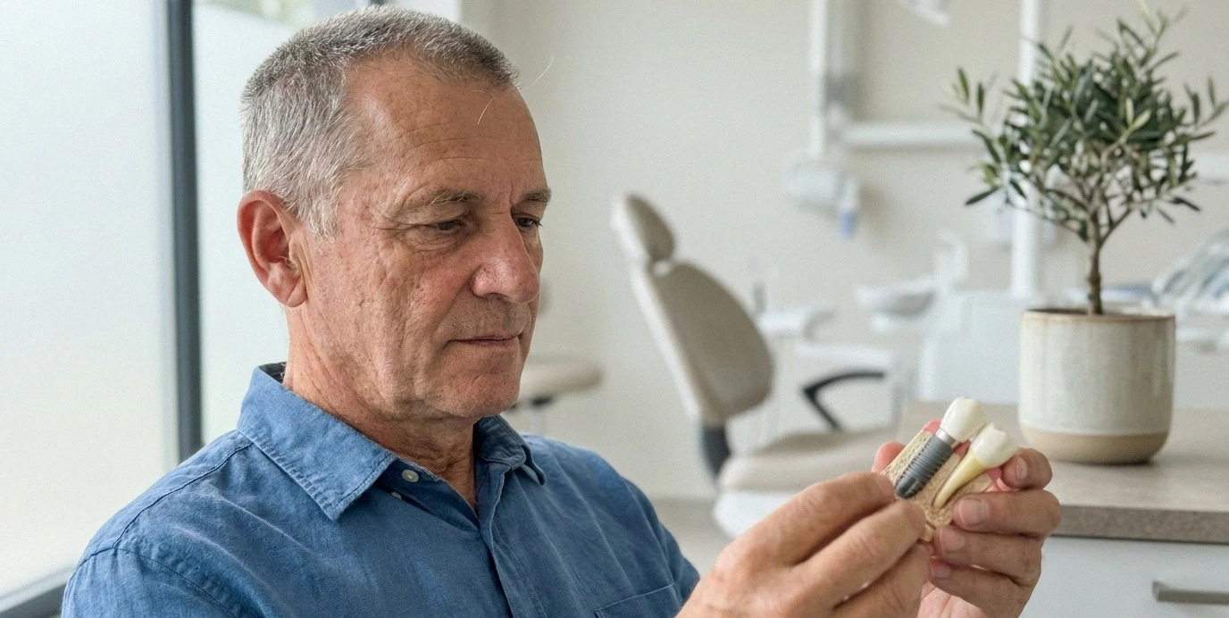 Un paziente maturo esamina un modello di impianto dentale in una clinica moderna, preparandosi all'intervento.