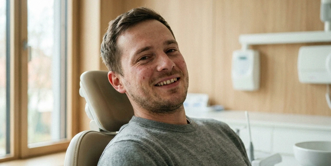 Un uomo di 40 anni sorride sollevato sulla poltrona del dentista a Capodistria dopo le cure in anestesia totale.