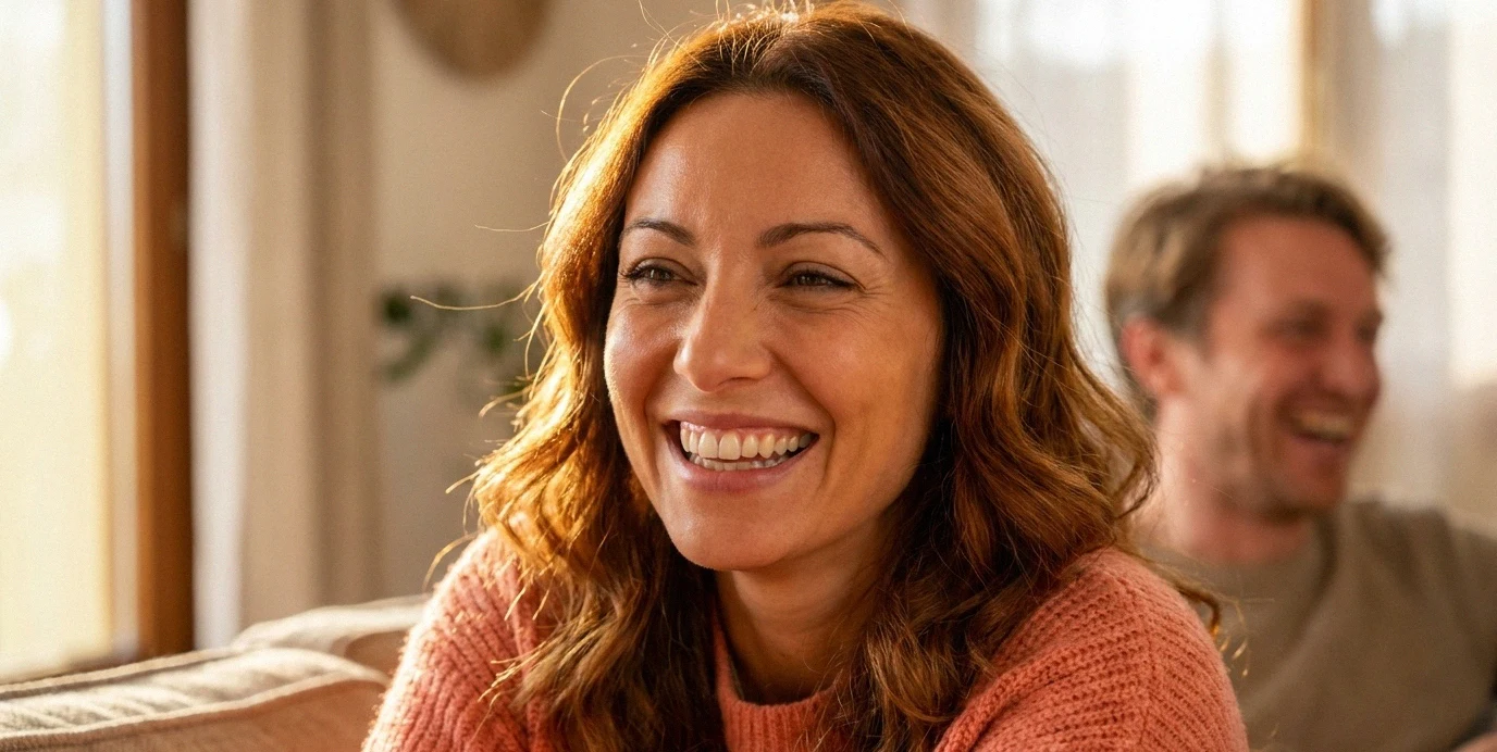 Sorriso sano e naturale di una donna dopo otturazioni dentali multiple in composito estetico.