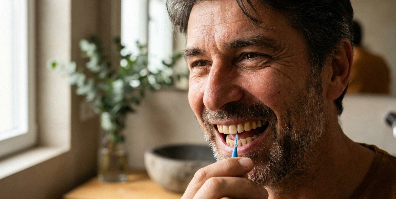 Un uomo di 50 anni sorride mentre usa uno scovolino per la pulizia quotidiana degli impianti dentali a casa.