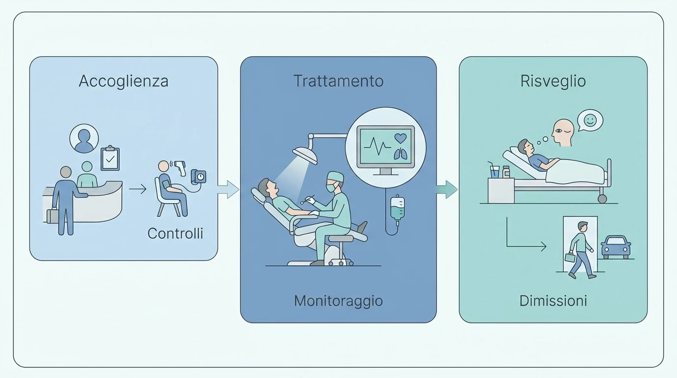 Diagramma a fasi che illustra il percorso del paziente il giorno dell'intervento in anestesia, dall'accoglienza al risveglio.