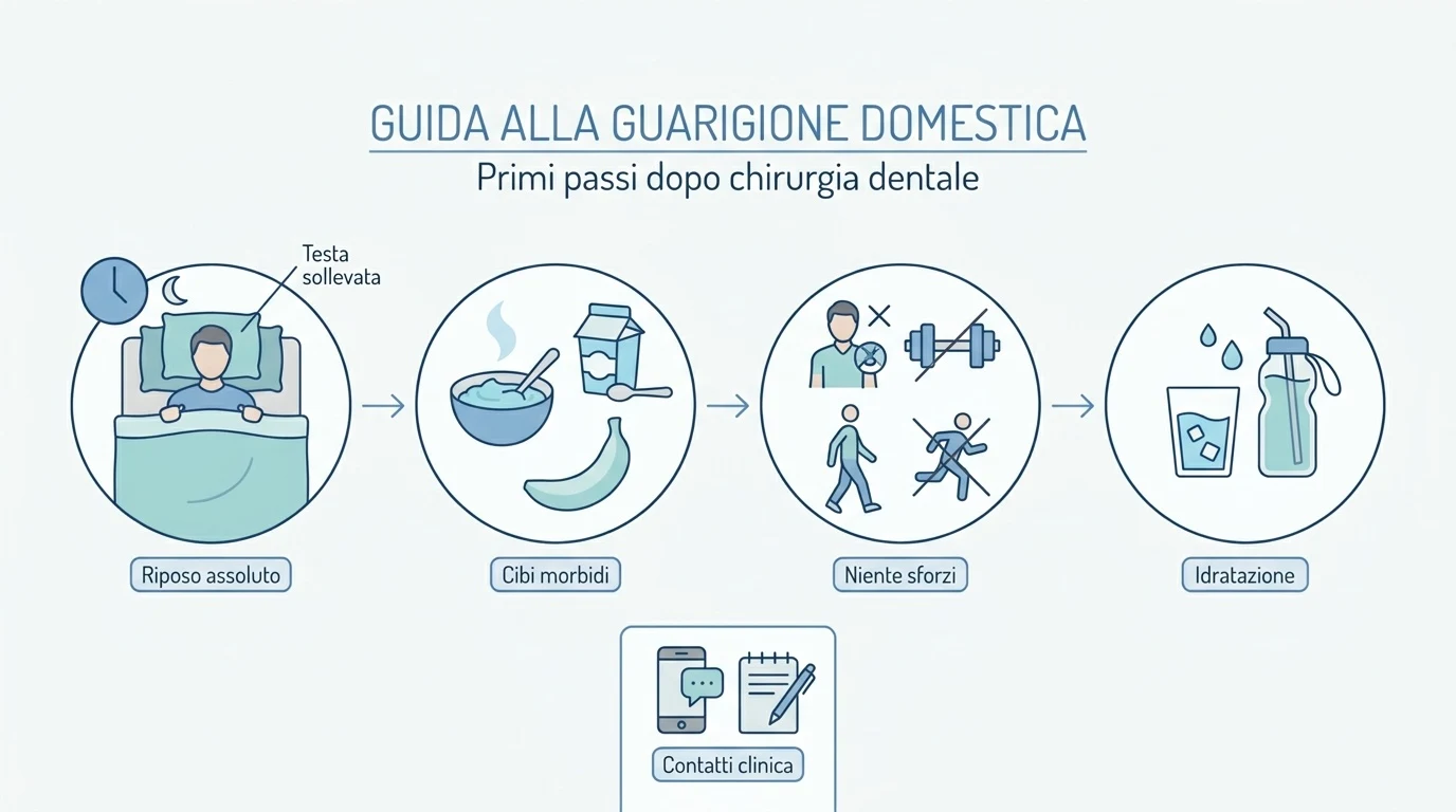 Schema grafico che illustra le regole per il recupero a casa dopo un intervento odontoiatrico.