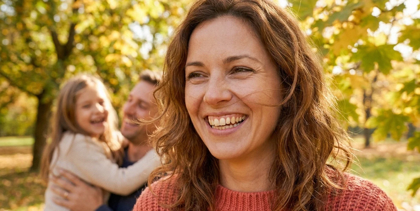 Una donna sorride felicemente all'aperto con la famiglia, mostrando denti sani e curati senza stress.