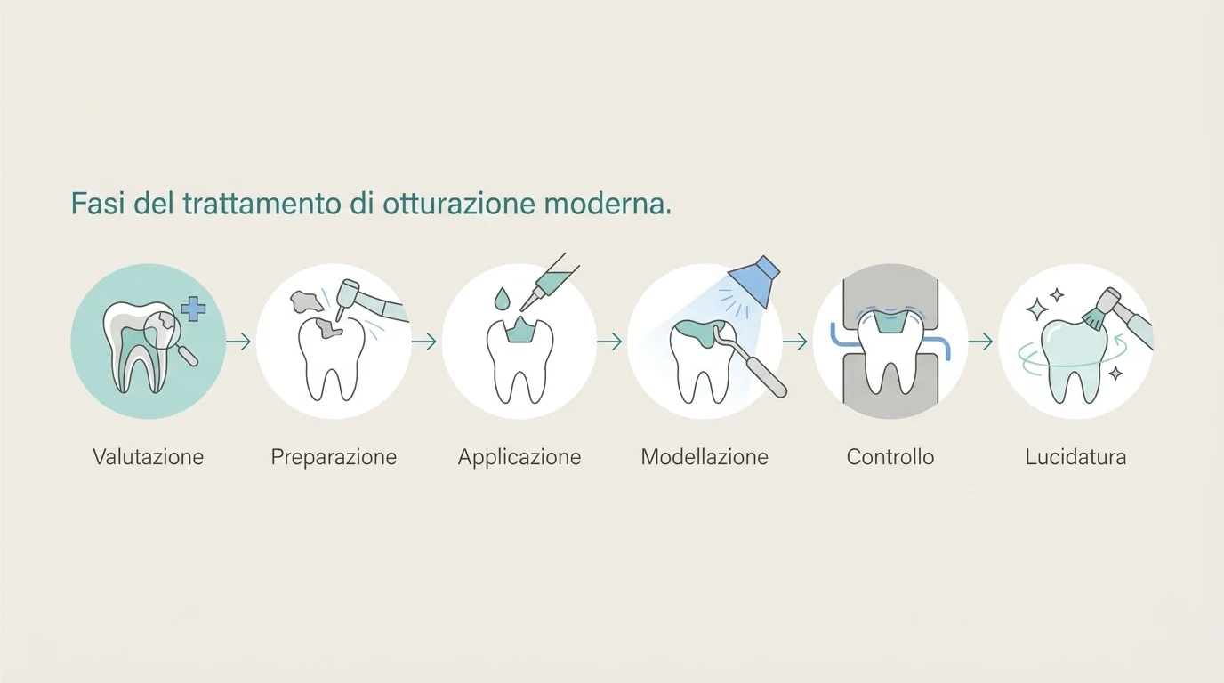 Diagramma a blocchi che illustra le fasi principali di un'otturazione dentale moderna, dalla diagnosi alla lucidatura finale.
