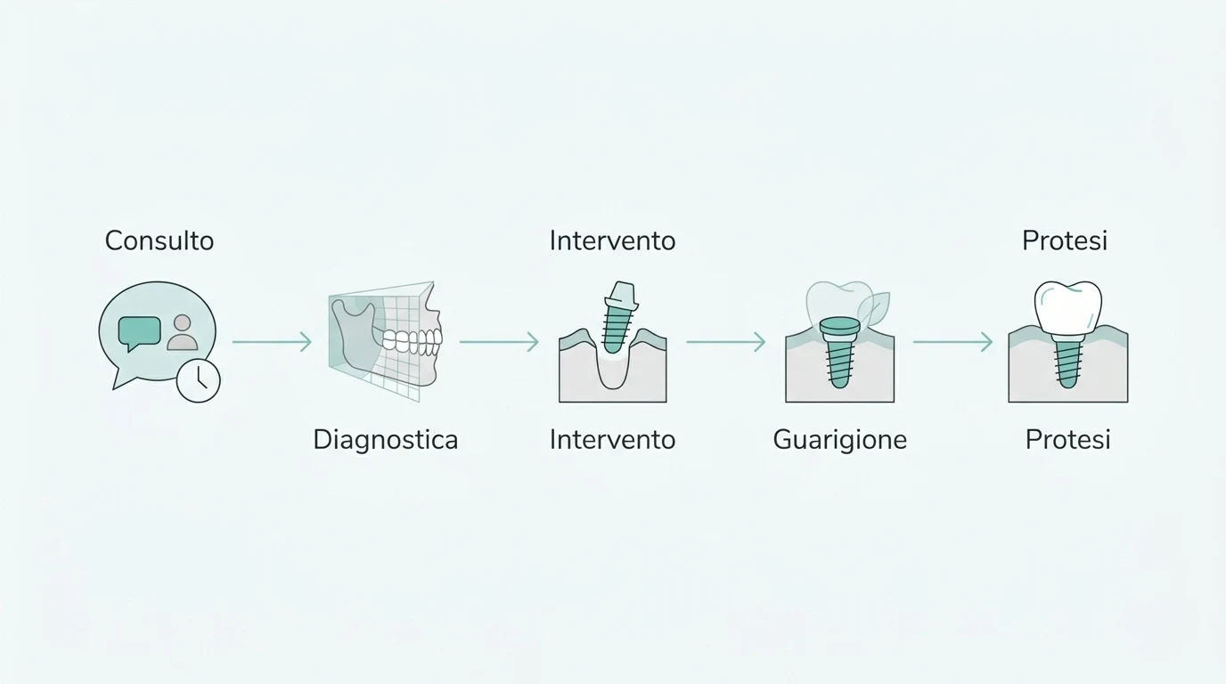 Diagramma a blocchi che illustra le 5 fasi del percorso implantare, dalla prima visita alla protesi definitiva.