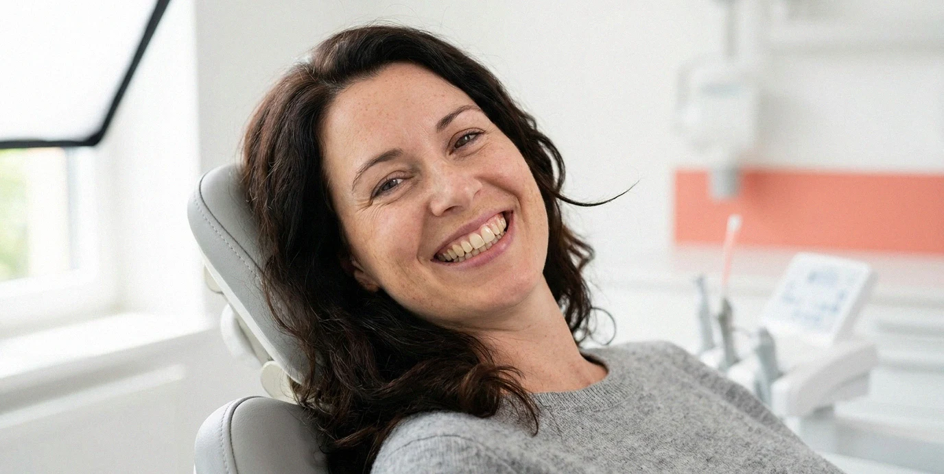 Una donna sorride sulla poltrona del dentista, mostrando denti sani e naturali grazie alle moderne otturazioni in composito.