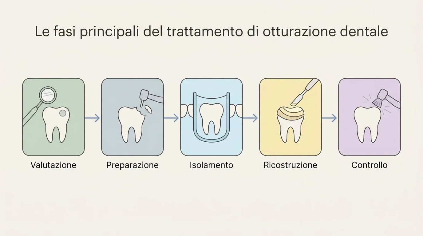 Schema grafico che illustra le fasi principali di un'otturazione dentale moderna, dalla preparazione alla rifinitura.