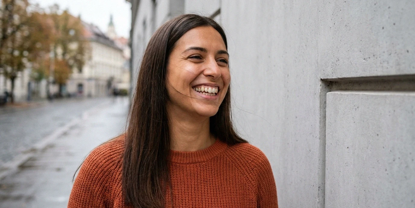 Una giovane donna sorride all'aperto mostrando denti sani e naturali, grazie alle moderne otturazioni in composito invisibili.