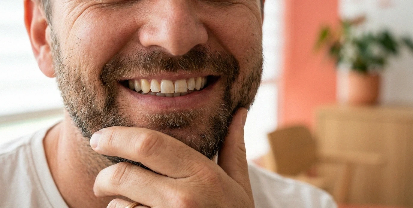 Un uomo di cinquant'anni sorride con serenità durante la prima visita conoscitiva in una clinica dentale accogliente.
