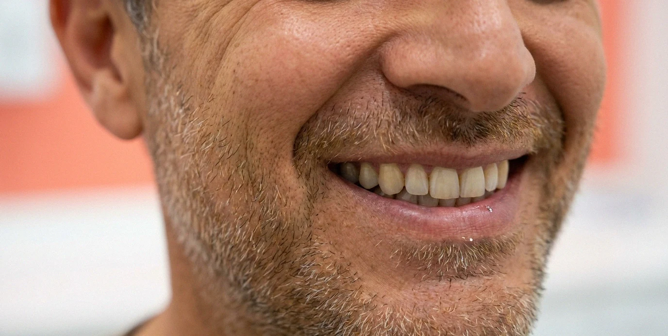 Sorriso rilassato di un uomo di mezza età in uno studio dentistico, simbolo del superamento della paura del dentista.