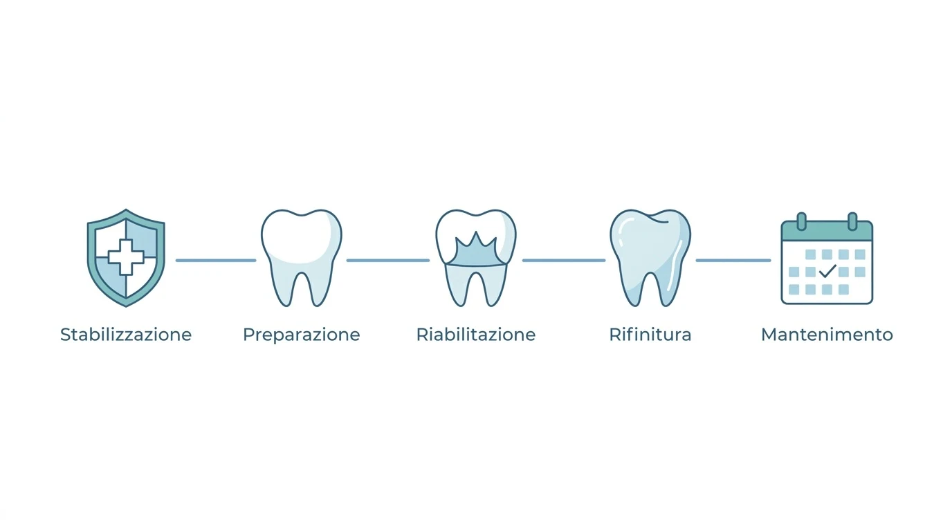 Diagramma a tappe che illustra il percorso di cura dentale, dalla stabilizzazione iniziale al mantenimento.