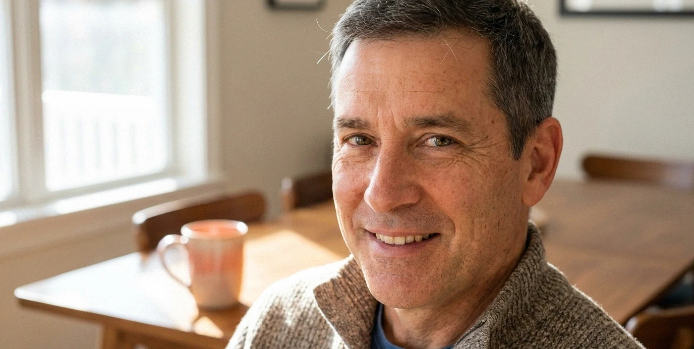 Un uomo di circa 50 anni sorride serenamente a casa, mostrando denti sani e naturali grazie a impianti dentali sicuri.