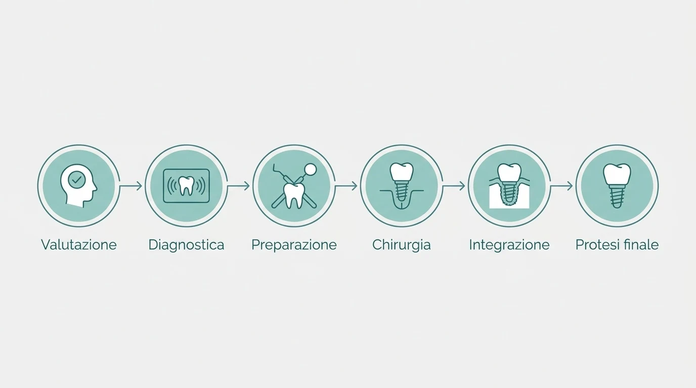 Schema delle sei fasi del trattamento implantare, dalla valutazione iniziale e chirurgia fino all'applicazione della protesi definitiva.