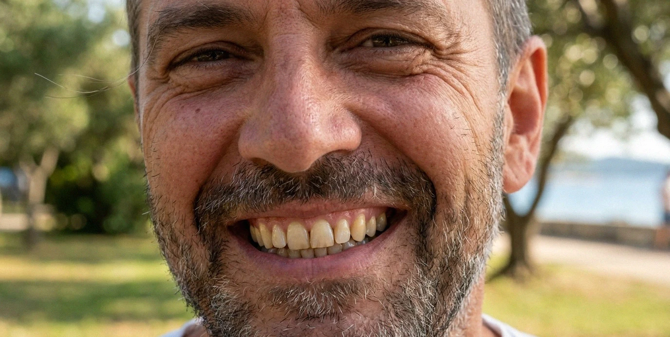 Uomo di mezza età che sorride all'aperto, mostrando denti sani e naturali grazie a impianti dentali sicuri e biocompatibili.