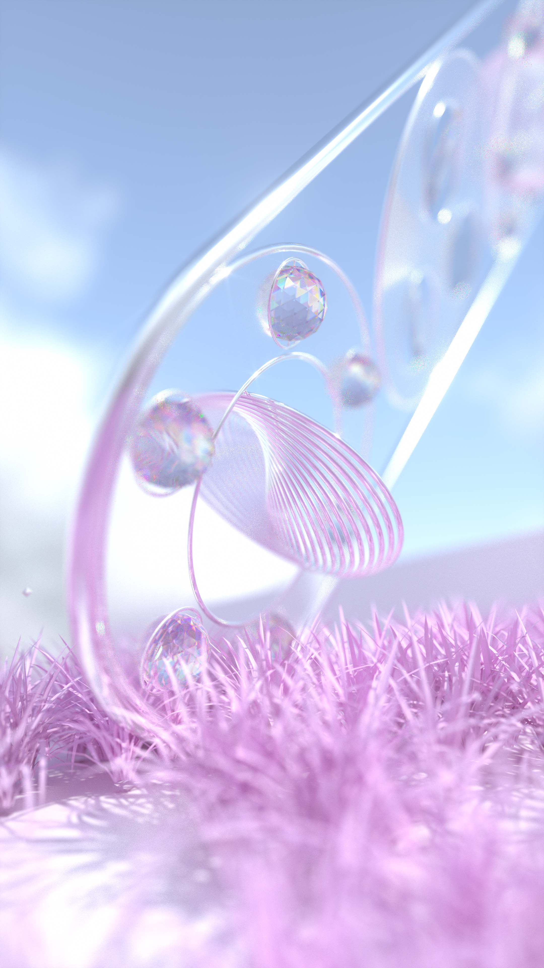 Abstract render of various geometry shapes in a corridor of illuminating light.