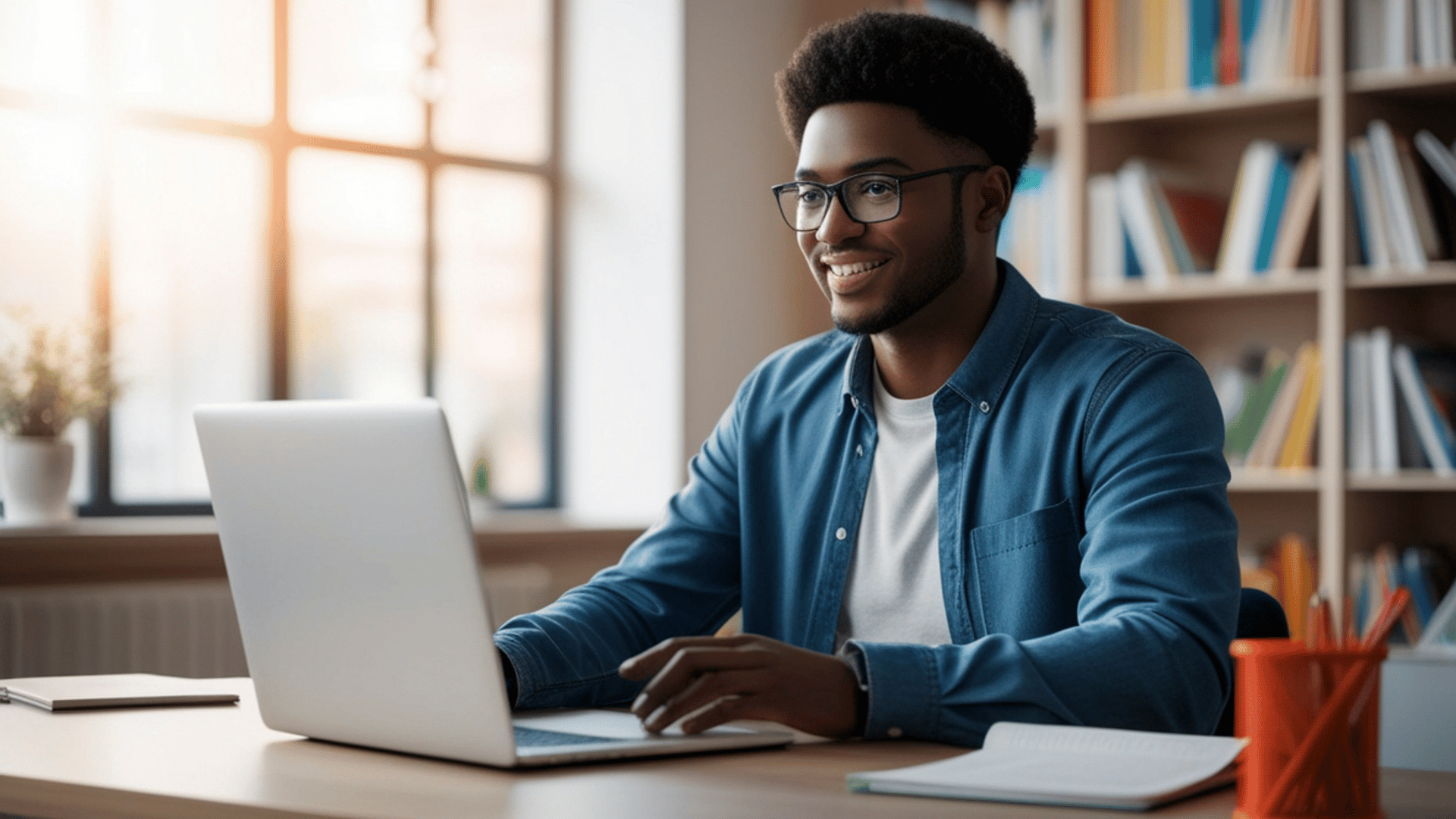 Man smiling while using a computer