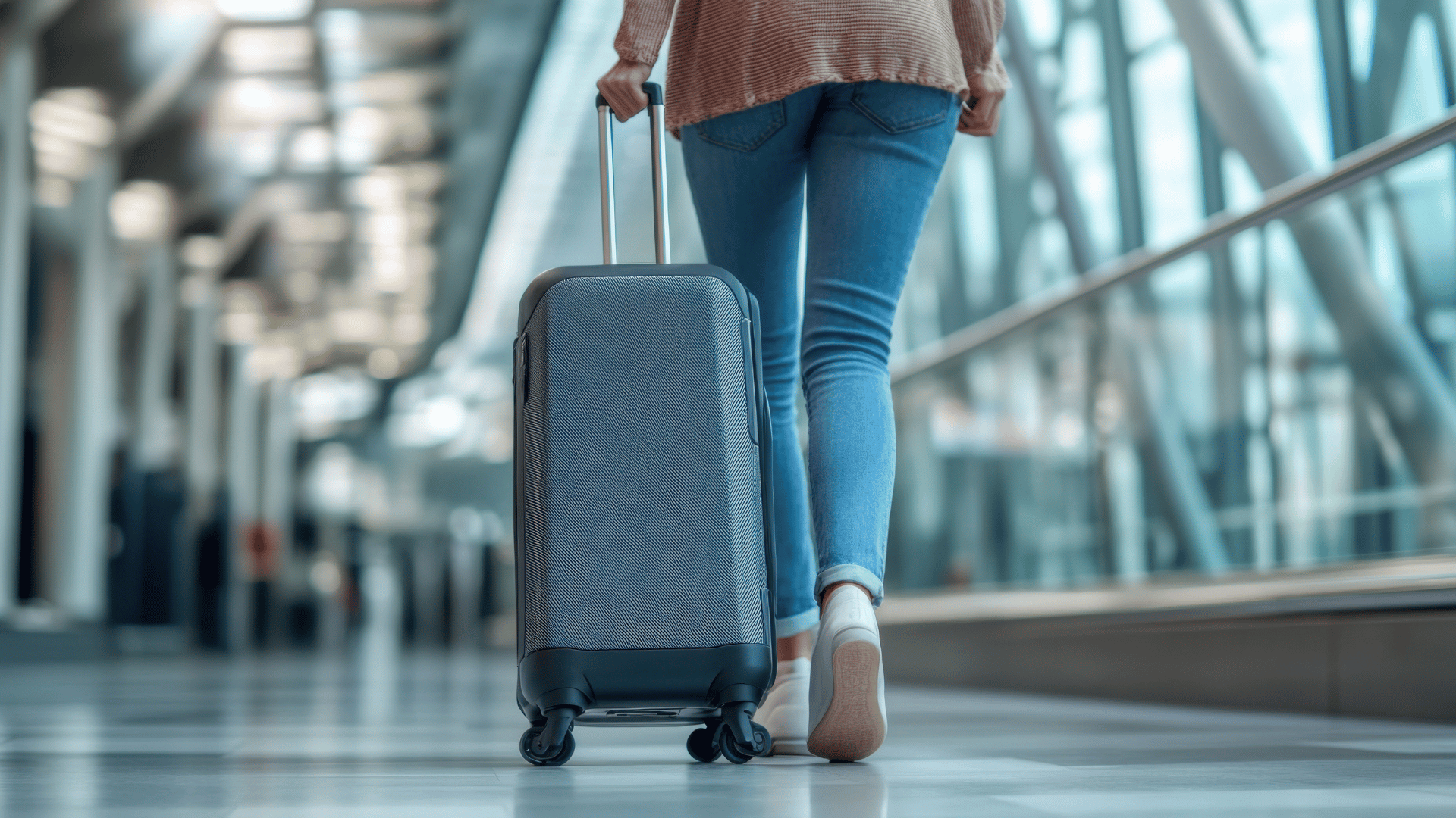 Woman pulling a rolling suitcase in an airport