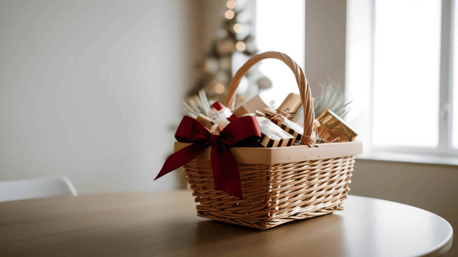 Gift basket sitting on a table