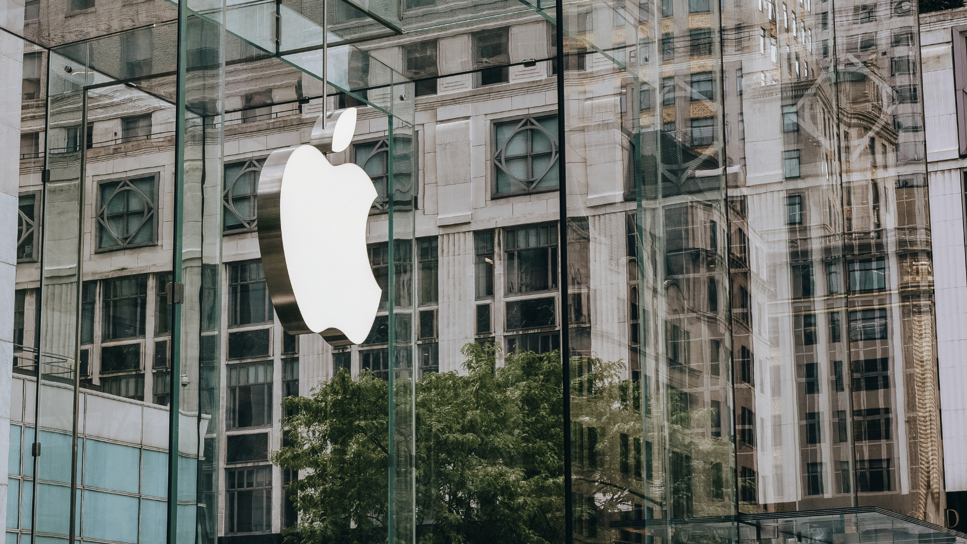 Exterior of an Apple office with the Apple logo