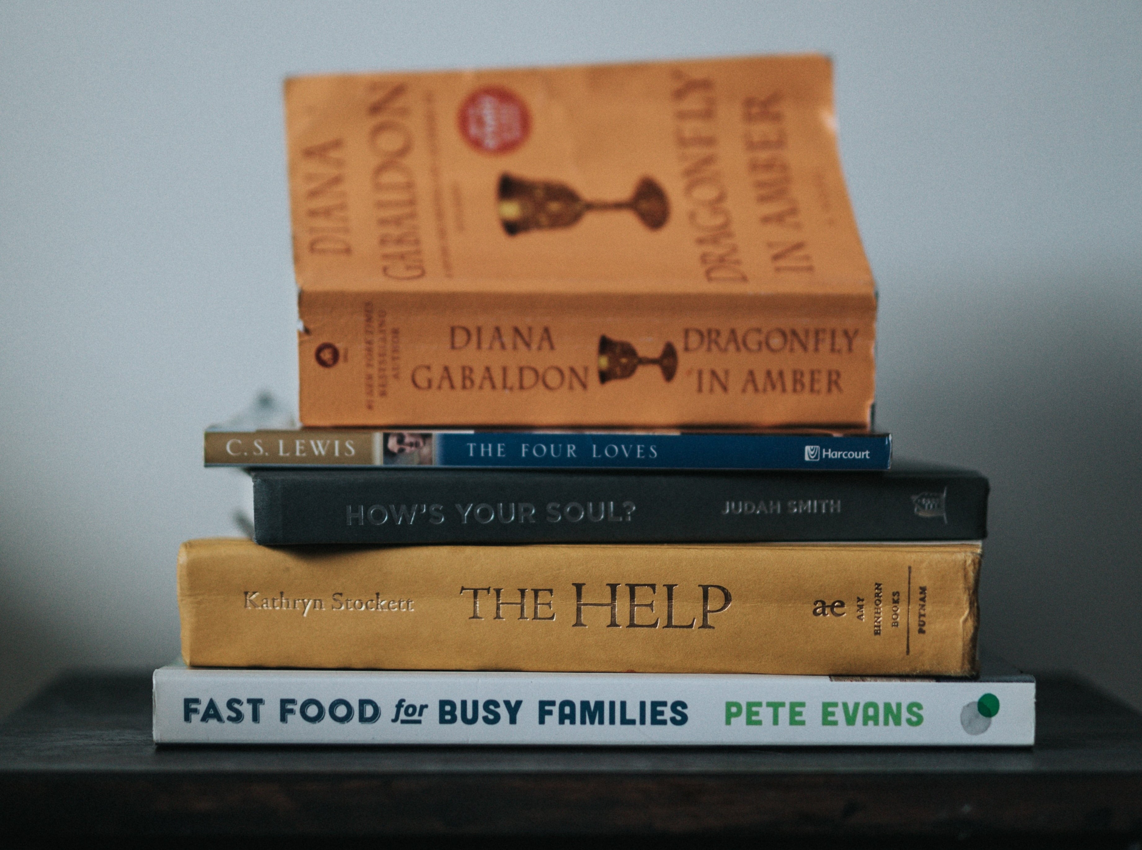 A photo of a pile of books stacked on a desk