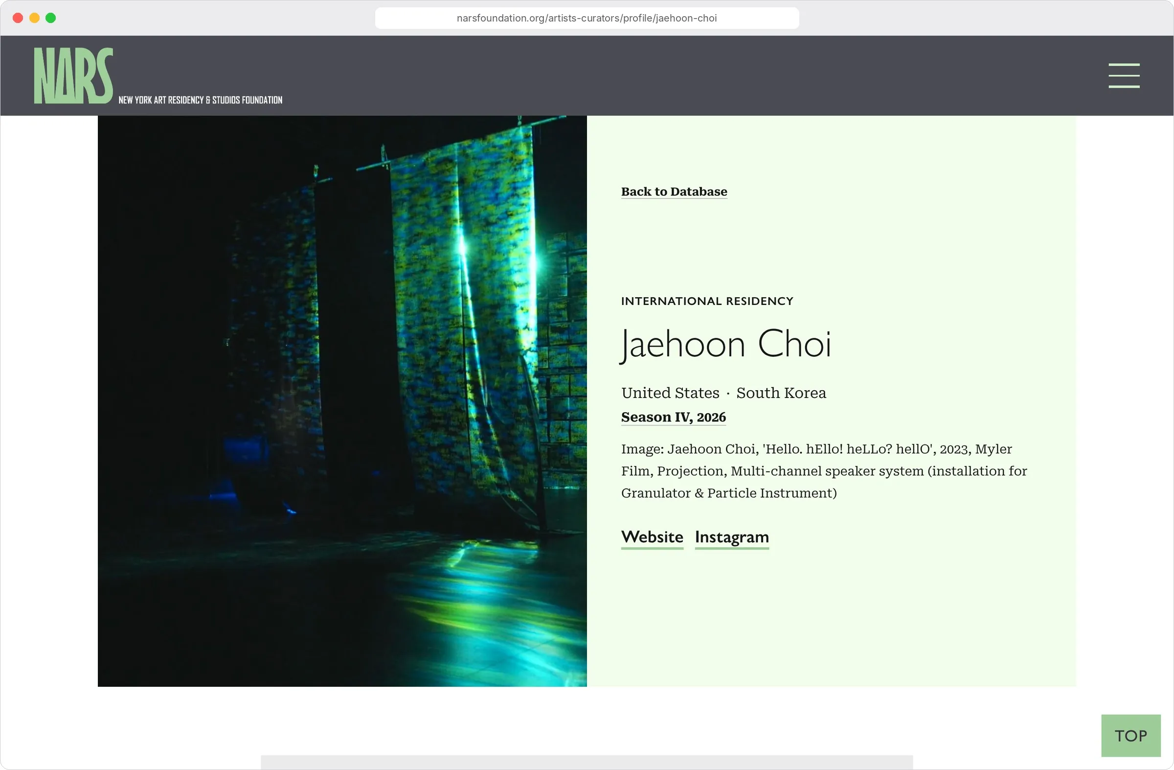 NARS artist profile page