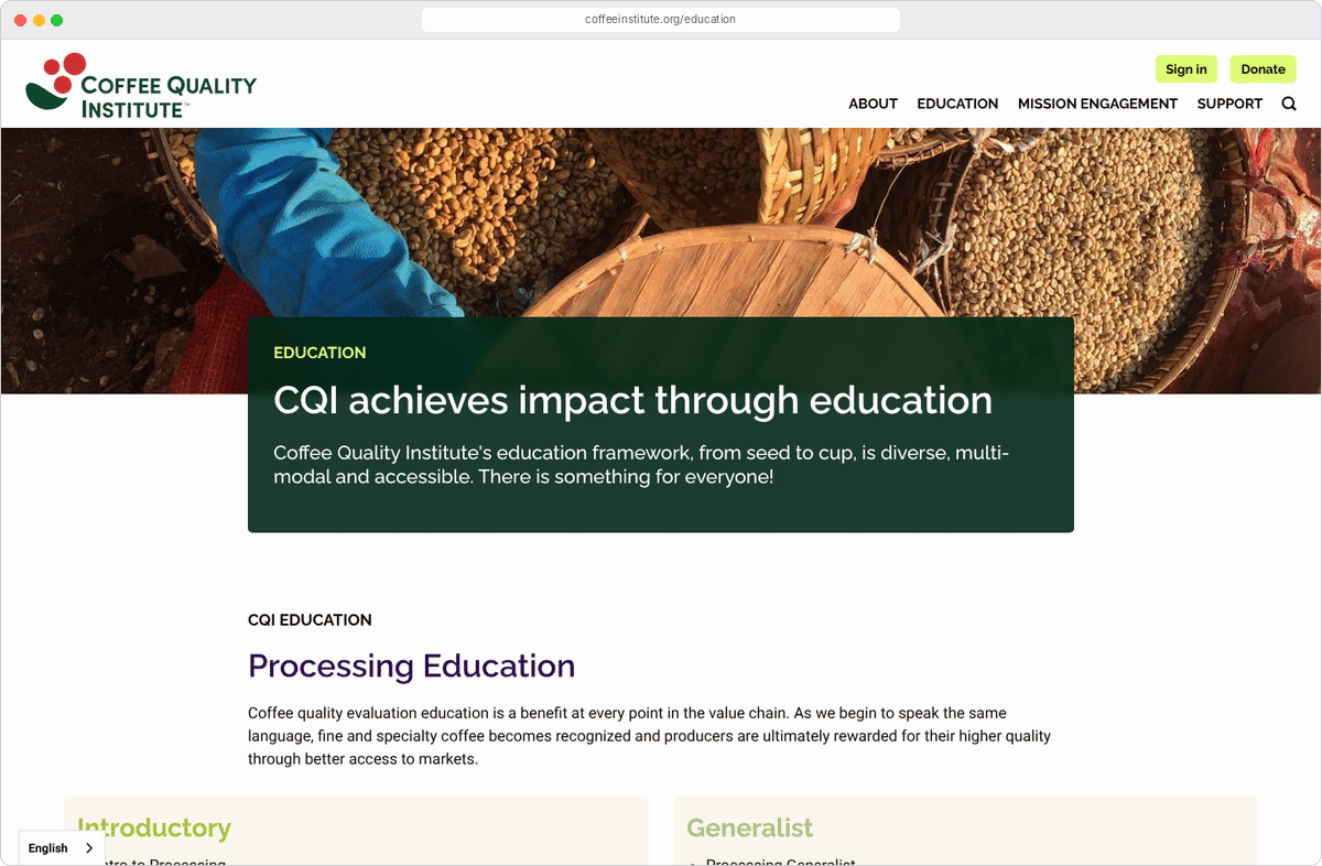 CQI Education page cycling through seven languages