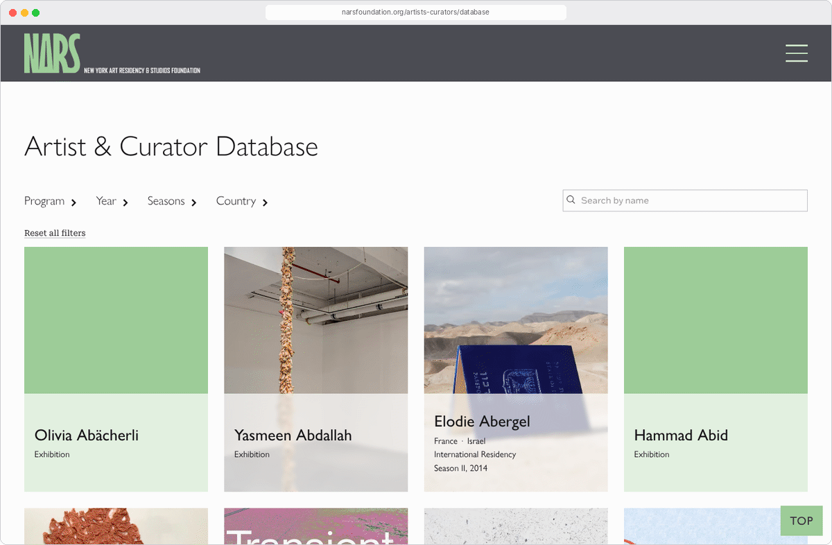 Searching and filtering the NARS Artist & Curator Database