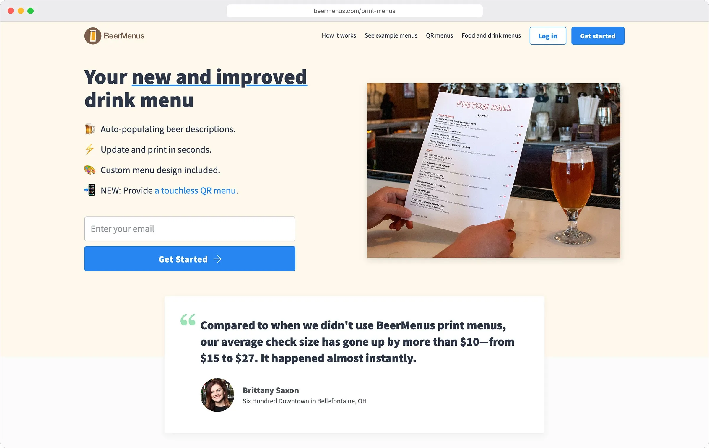 BeerMenus print menus landing page