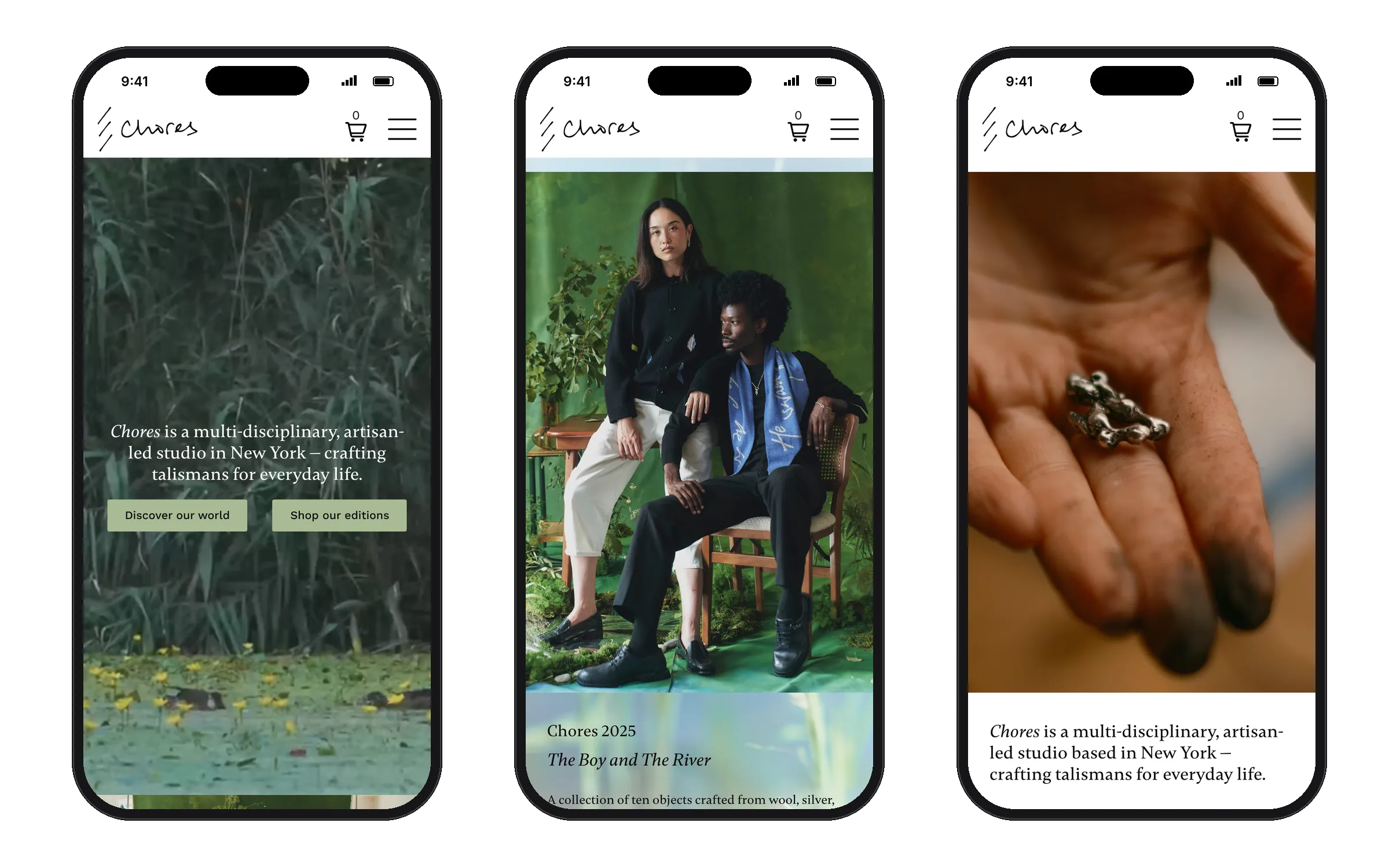 Chores homepage, 2025 collection and about page on phones