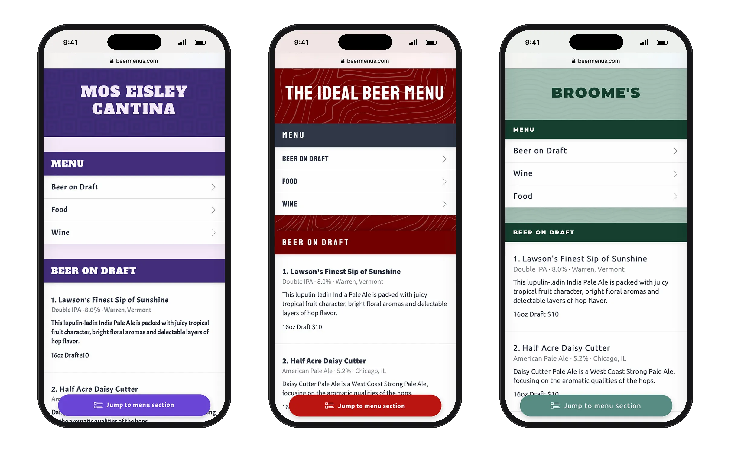 Three custom QR menu themes on phones